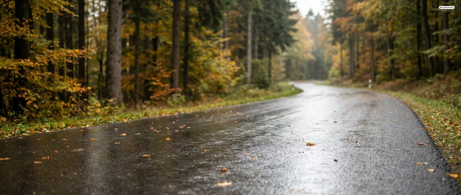Nasse Landstraße im Herbstwald bei leichtem Regen mit bunten Blättern (KI-generiertes Bild)