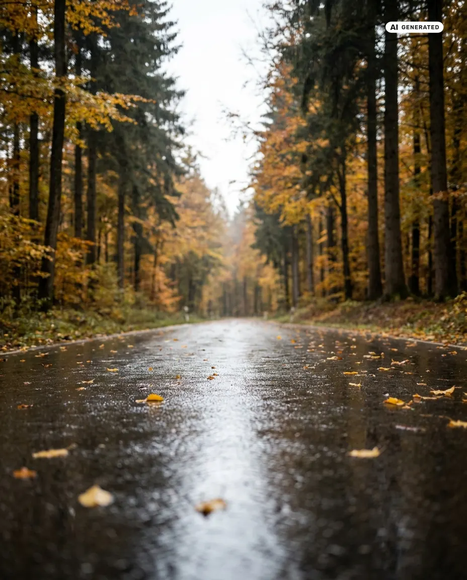 Nasser Asphalt mit Herbstlaub auf einer Waldstraße bei Regen (KI-generiertes Bild)