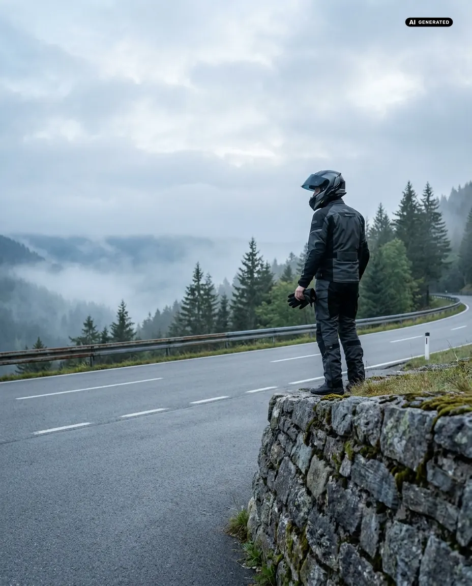 Motorradfahrer mit Helm und dunkler Tourenbekleidung an einer nebligen Passstraße im Schwarzwald (KI-generiertes Bild)